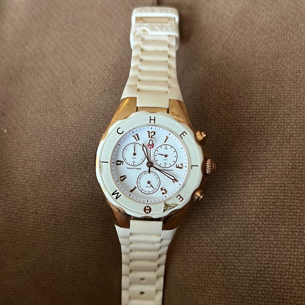 Off-white silicone band Michele Watch with Rose gold face.